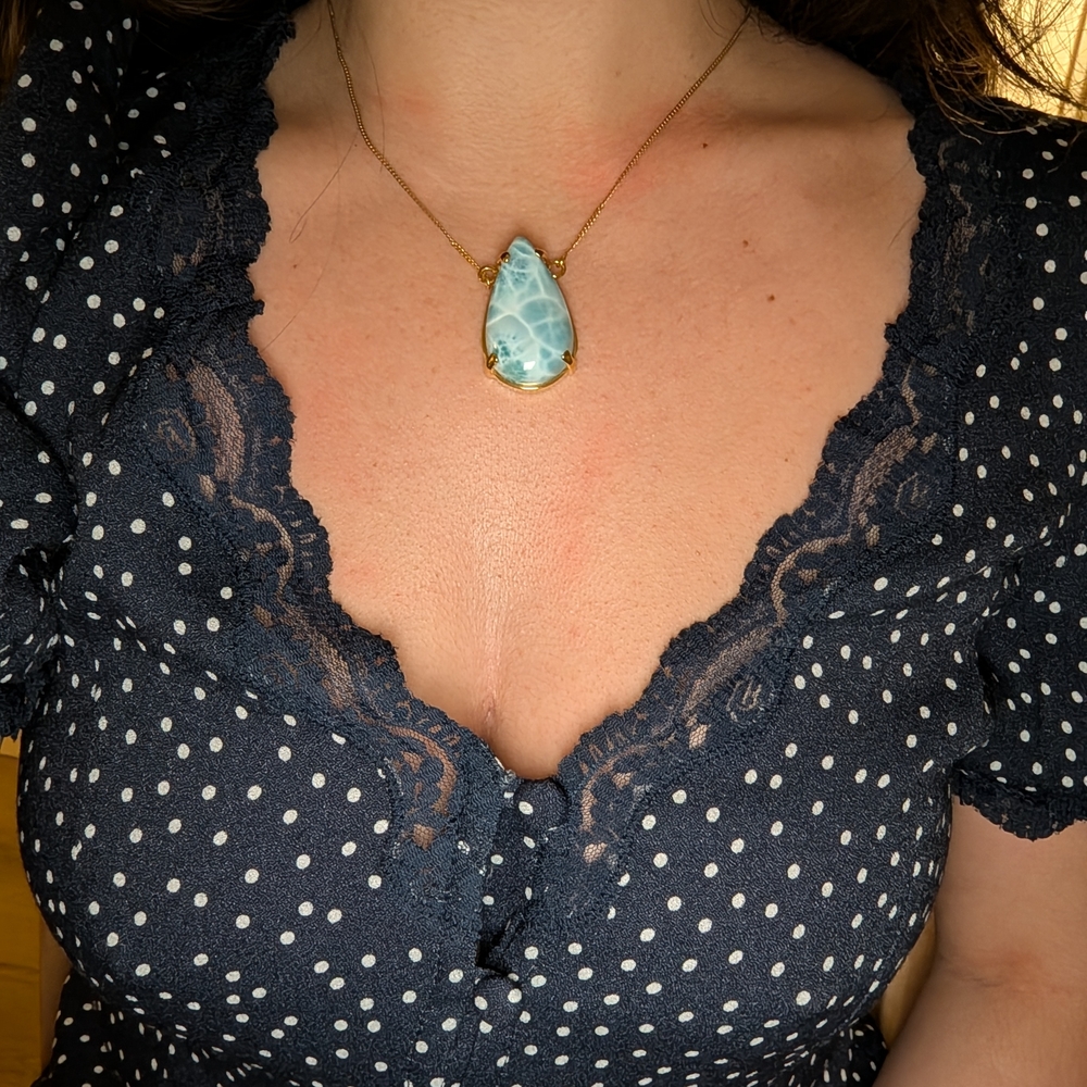 Gold Teardrop Larimar Pendant Necklace - Blue Stone